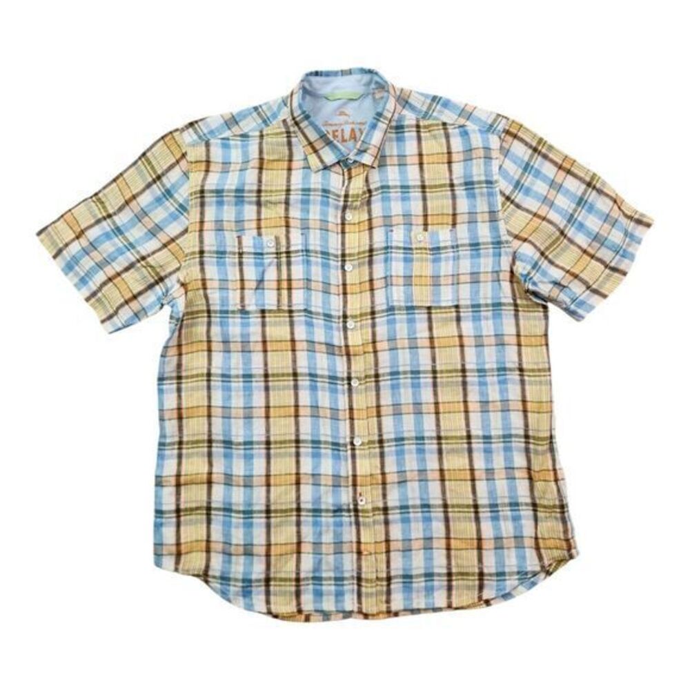Tommy Bahama Plaid Short‎ Sleeve Shirt Button Up Linen Blend Mens Large